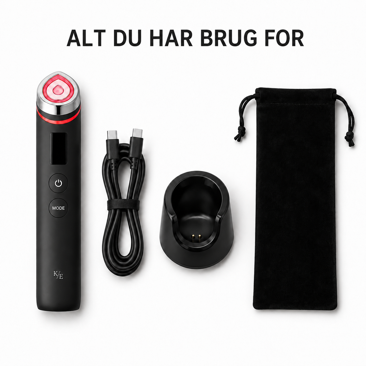Alt du har brug for: enhed, USB-C-kabel, ladestation og pose